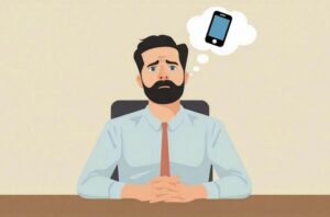 Mann denkt an sein Smartphone und verspürt Fear of Missing Out.