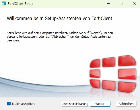 Startfenster der Installation, um Pornos mit Forticlient zu blockieren.